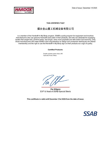 Китай JISAN HEAVY INDUSTRY LTD Сертификаты